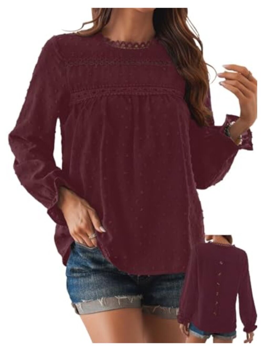 Womens Ruffle Long Sleeve Swiss Dot Crochet Tunic Top Blouse